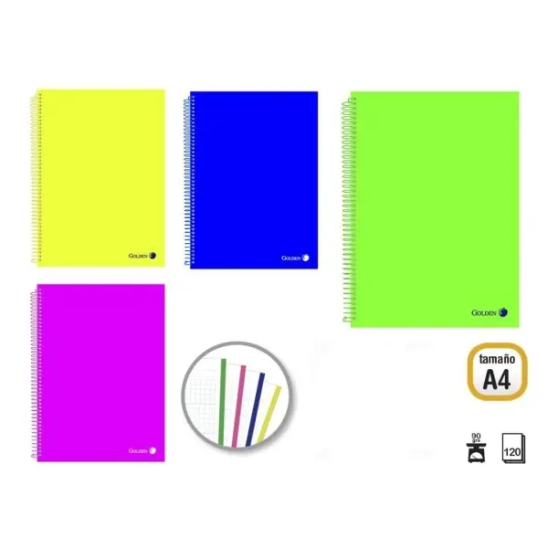 Golden Pack de 4 Cuadernos A4 120 Hojas 90gr Cuadricula 5x5 - Hojas Microperforadas con Banda de Col