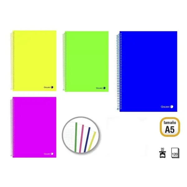 Golden Pack de 8 Cuadernos A5 120 Hojas 90gr Cuadricula 5x5 - Hojas Microperforadas con Banda de Col