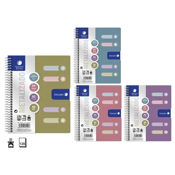 Golden Pack de 6 Cuadernos A5 120 Hojas 90gr Cuadricula 5x5 - Tapa Polipropileno - 4 Separadores - C