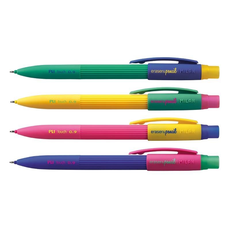Milan PL1 Expositor de 20 Portaminas - Mina 0.9mm 2B Grafito - Goma Milan Extra Larga - Colores Surt