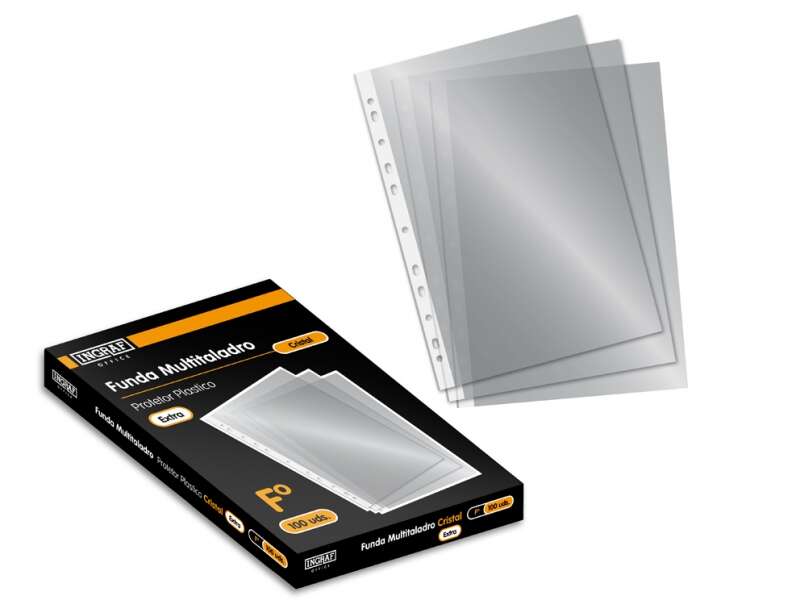 Ingraf Pack de 100 Fundas Multitaladro - Tama�o Folio - Acabado en Cristal - Transparente