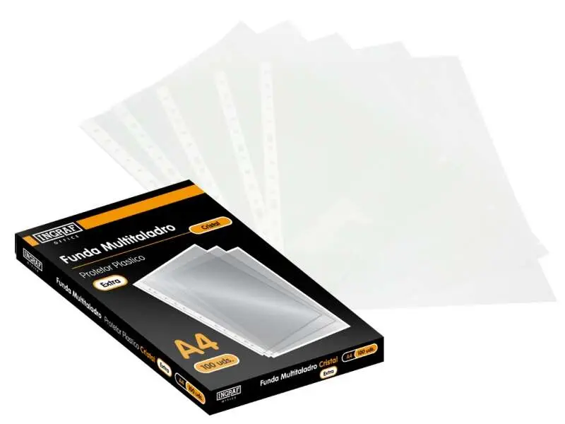Ingraf Pack de 100 Fundas Multitaladro A4 Transparentes - Acabado en Cristal
