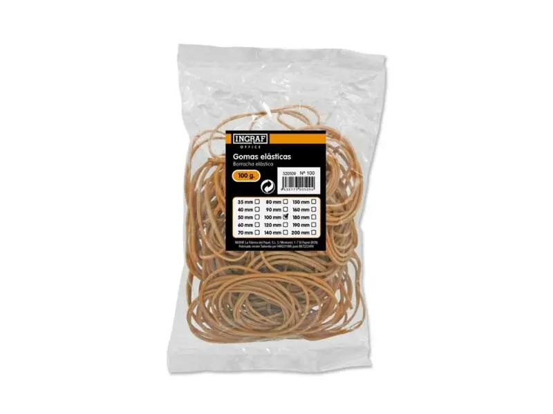 Ingraf Bolsa de 100gr de Gomas Elasticas 100mm - Alta Calidad - 70% Caucho - Gran Resistencia y Elas