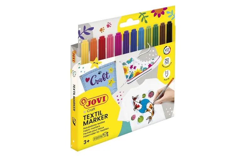 Jovi Textil Marker Estuche de 12 Rotuladores Textiles - Tinta Base Agua - Punta Pincel - Secado Rapi