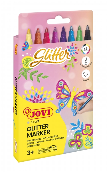 Jovi Glitter Marker Caja con 8 Rotuladores Efecto Purpurina - Tinta Base Agua - Grip Triangular Ergo