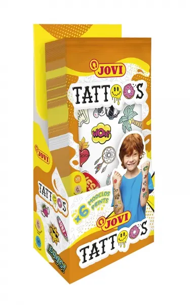 Jovi Expositor con 24 Packs de Tatuajes Temporales - 6 Laminas por Pack - Mas de 80 Motivos - Emotic