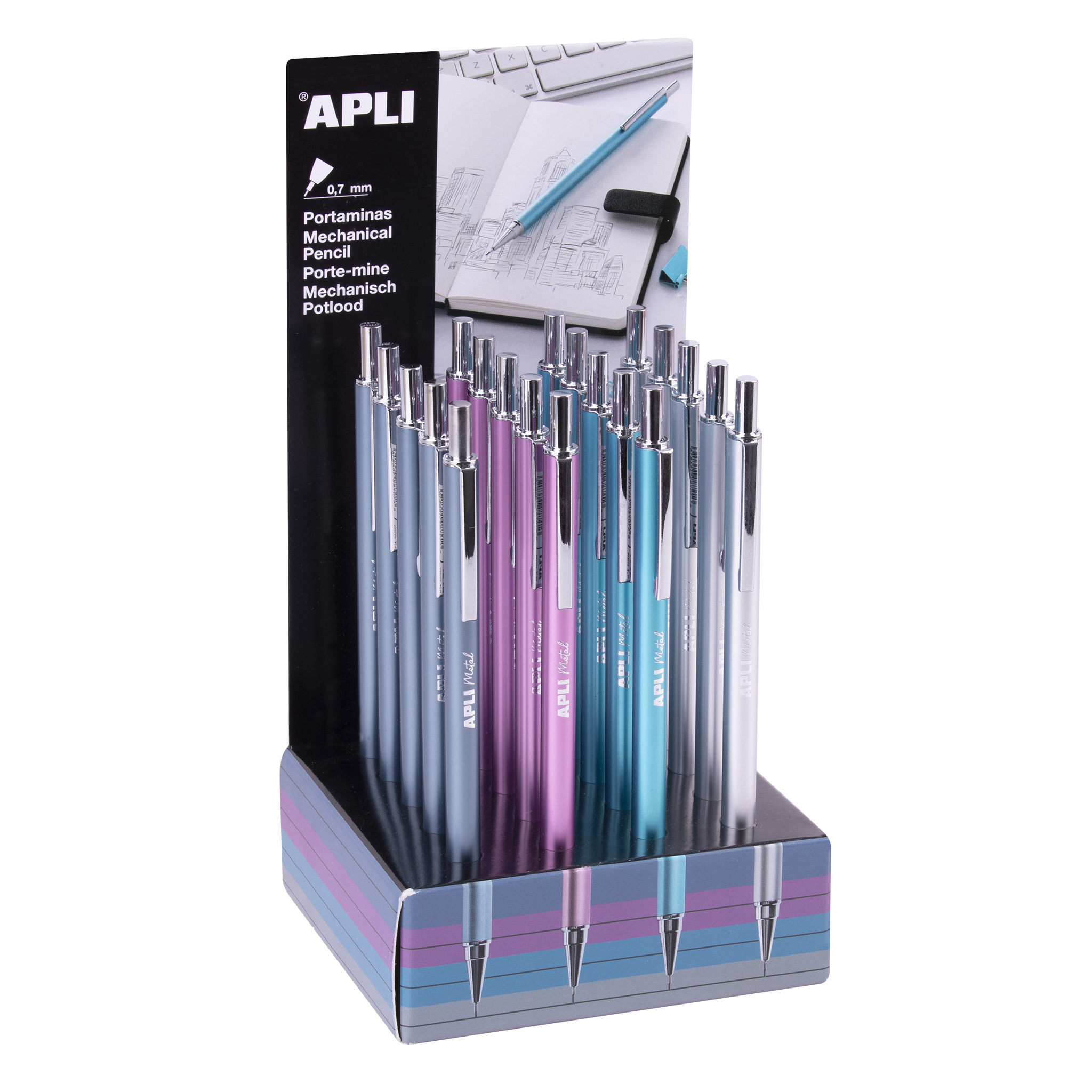 Apli Portaminas Colores Metalicos - 0.7mm - Textura Soft - Capuchon y Goma de Borrar de Metal - 20 U