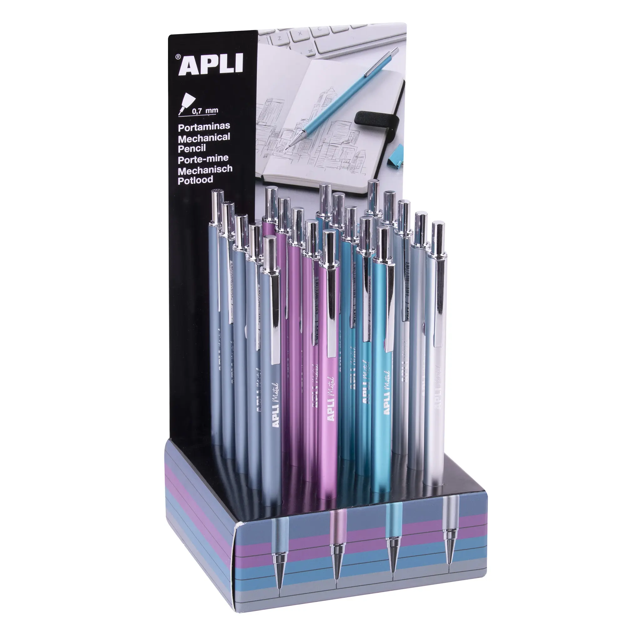 Apli Portaminas Colores Metalicos - 0.7mm - Textura Soft - Capuchon y Goma de Borrar de Metal - 20 U