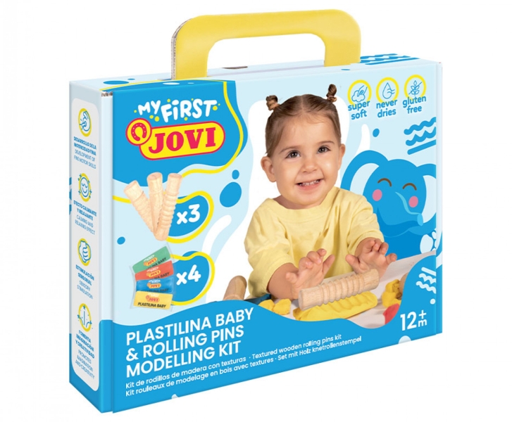 Jovi My First Plastilina Kit de Modelaje con 4 Pastillas de Plastilina 38gr + 3 Rodillos de Madera -