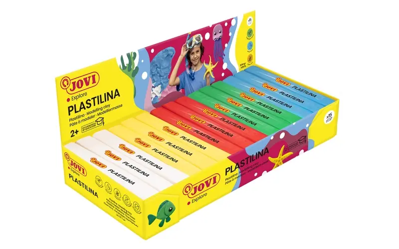 Jovi Expositor de 15 Pastillas de Plastilina 150gr - Colores Basicos - 100% Vegetal - Muy Moldeable 
