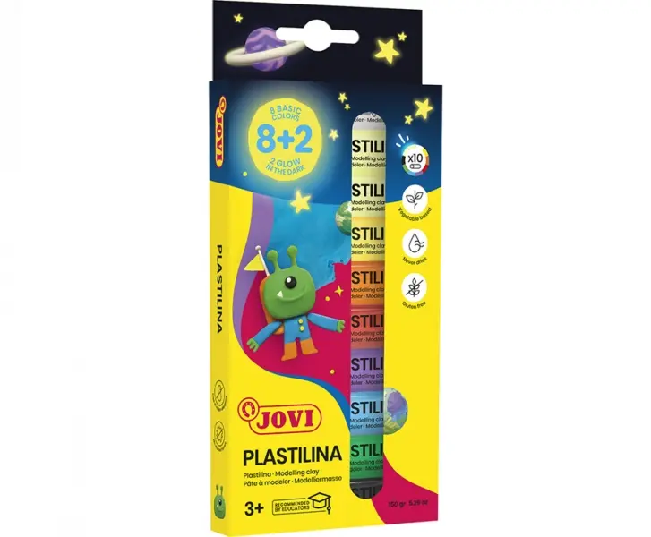 Jovi Pack con 10 Barras de Plastilina 15gr - 8 Colores Basicos + 2 Fluorescentes - Muy Moldeable - N