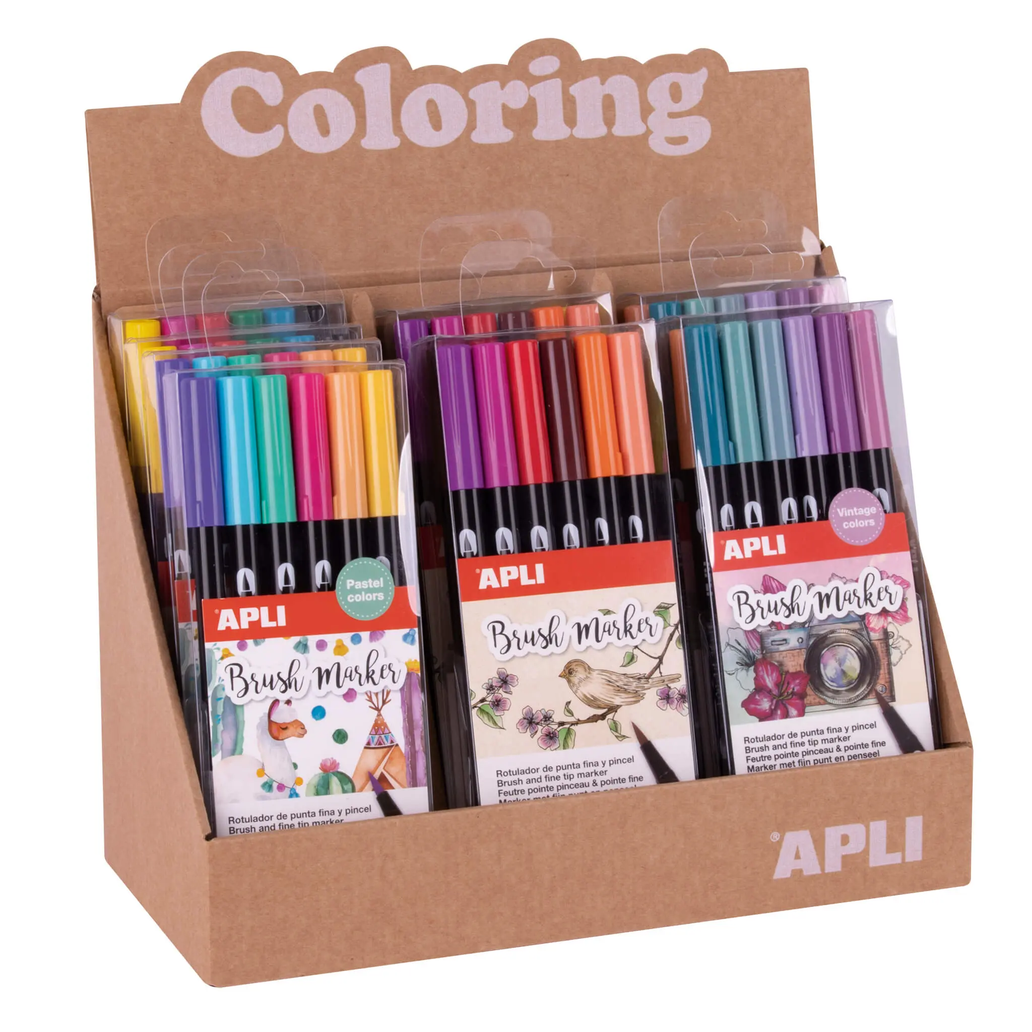 Apli Coloring Brush Markers - Expositor con 8 Packs Surtidos - Doble Punta de Nylon Tipo Pincel de 1