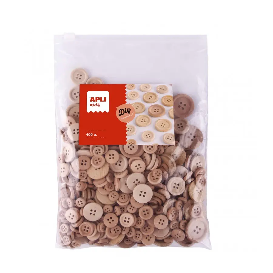 Apli Kids Bolsa de 400 Botones de Madera Natural - Tama�os 10mm, 15mm, 20mm, 25mm, 30mm