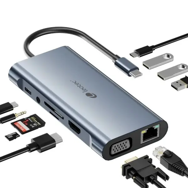 Leotec Adaptador 11 en 1 USB-C a 1xHDMI, 1xVGA, 1xRJ45, 3xUSB-A 3.0, 1xUSB-C PD, 1xUSB-C, 1xTF+1xSD,
