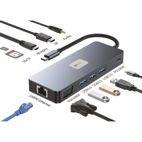 Leotec Adaptador 11 en 1 Plus USB-C a 1xDisplayPort, 1xHDMI, 1xVGA, 1xRJ45, 3xUSB-A 3.2, 1xUSB-C PD,
