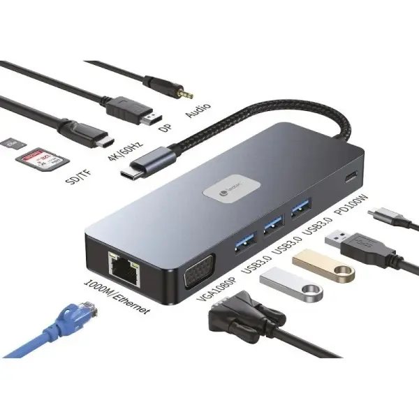 Leotec Adaptador 11 en 1 Plus USB-C a 1xDisplayPort, 1xHDMI, 1xVGA, 1xRJ45, 3xUSB-A 3.2, 1xUSB-C PD,