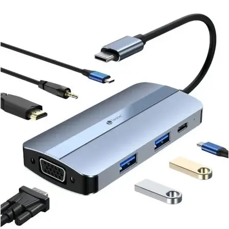 Leotec Adaptador 7 en 1 USB-C a 1xHDMI, 1xVGA, 1xUSB-A 3.0, 1xUSB-A 2.0, 1xUSB-C, 1x USB-C PD, 1xAud