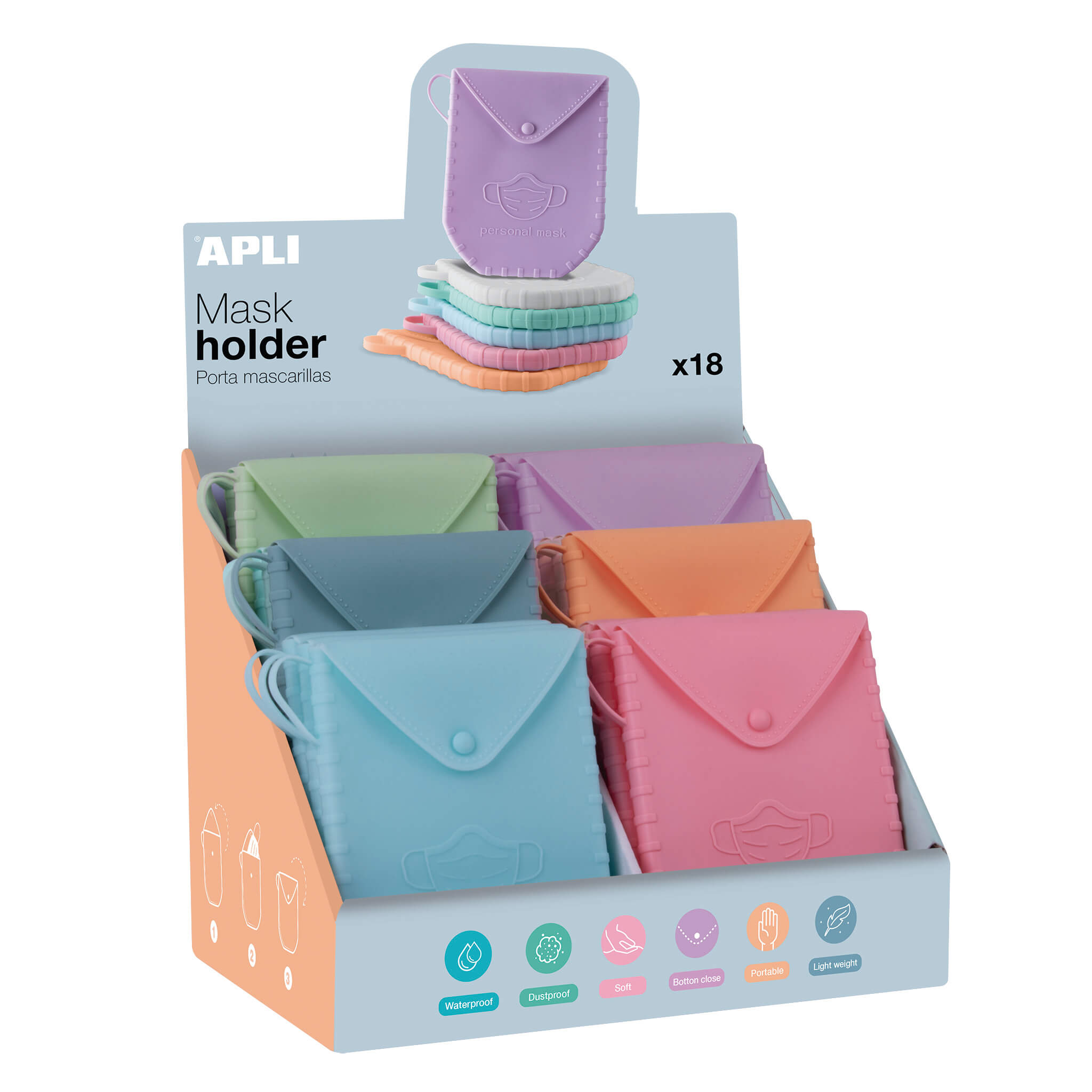 Apli Expositor de Porta Mascarillas de Silicona - 140x110x1.5 mm - Textura Suave - 18 Fundas de Dife