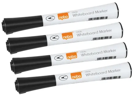 Nobo Pack de 4 Rotuladores para Pizarra Blanca - Punta Fina 1mm - Tinta con Poco Olor - Color Negro