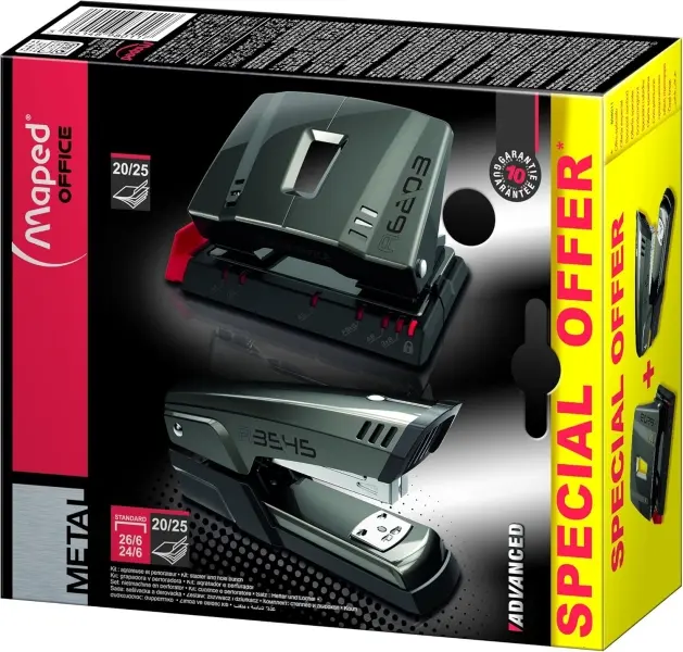 Maped Pack de Grapadora Metalica A3545 + Taladro Metalico A6203 - Grapa hasta 25 Hojas a la Vez - Ad