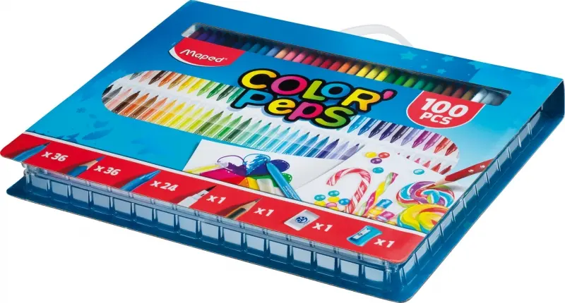 Maped Color`Peps Pack de 100 Piezas para Colorear - 36 Rotuladores, 36 Lapices, 24 Ceras, 1 Rotulado