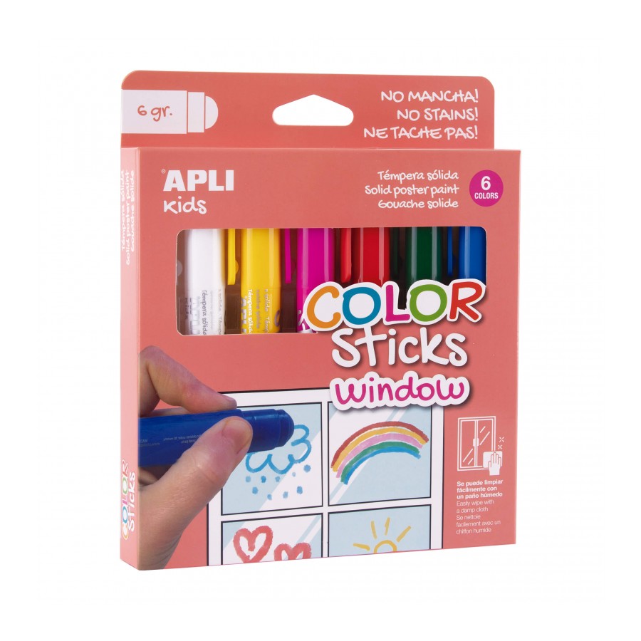 Apli Kids Color Sticks Window Pack 6 Temperas Solidas 6gr - Especiales para Dibujar y Pintar sobre C