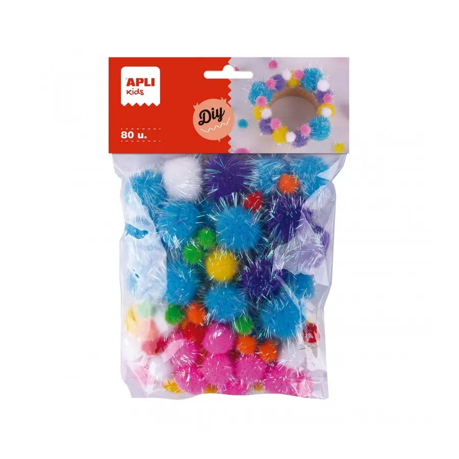 Apli Kids Bolsa de 80 Pompones Glitter - Tamaos 10mm, 20mm, 25mm - Colores Surtidos