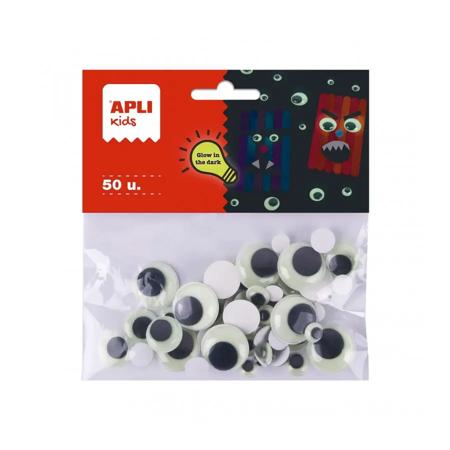 Apli Kids Bolsa de 50 Ojos Moviles Redondos Adhesivos - Brillan en la Oscuridad - Tama�os 8mm, 10mm,