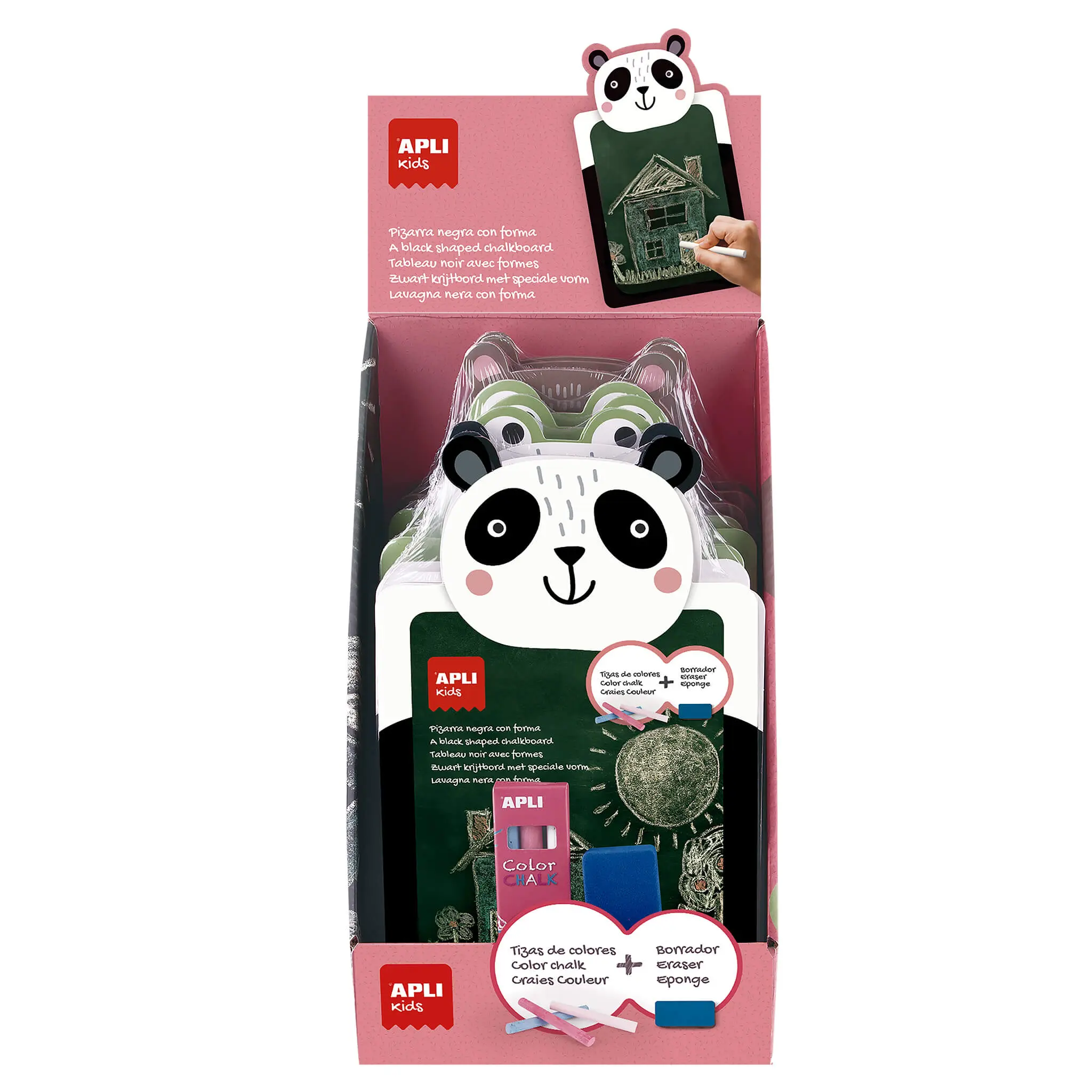 Apli Expositor de 9 Packs de Pizarra para Tiza con Forma de Animal + Caja de 3 Tizas de Colores y Bo