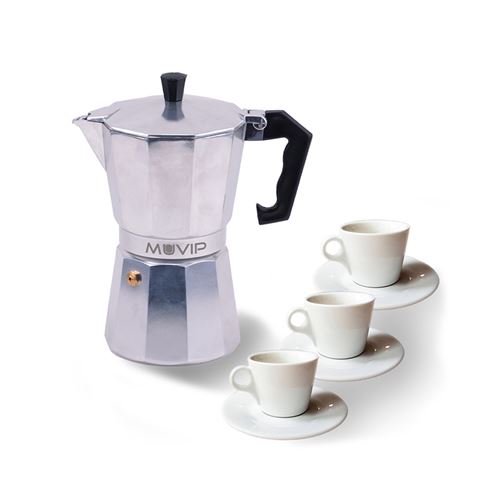 Muvip MV0600 Cafetera de Aluminio - Capacidad 3 Tazas - Mango Ergonomico - Antiadherente - Apta para