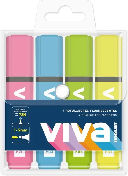 Molin Viva Pack de 4 Marcadores Fluorescentes - Trazo entre 1 y 5mm - Tinta con Base de Agua - Color