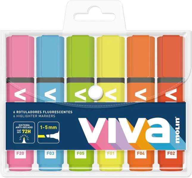 Molin Viva Pack de 6 Marcadores Fluorescentes - Trazo entre 1 y 5mm - Tinta con Base de Agua - Color