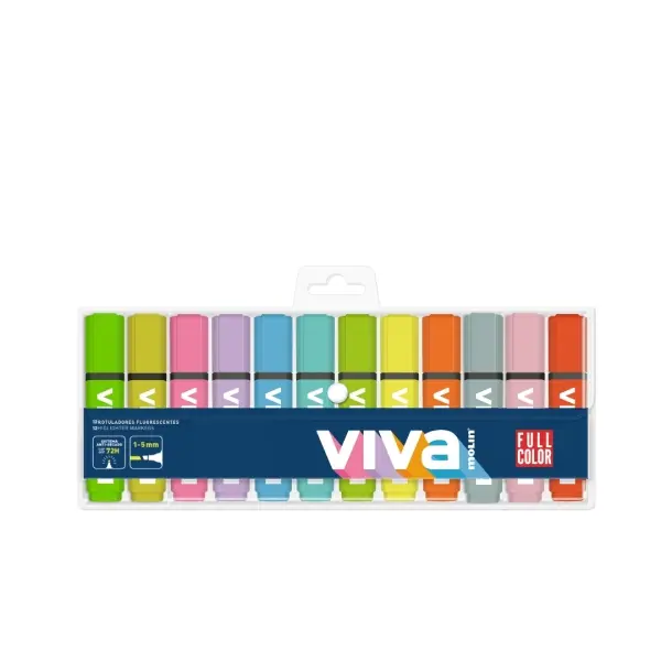 Molin Viva Pack de 12 Marcadores Fluorescentes - Trazo entre 1 y 5mm - Tinta con Base de Agua - Colo