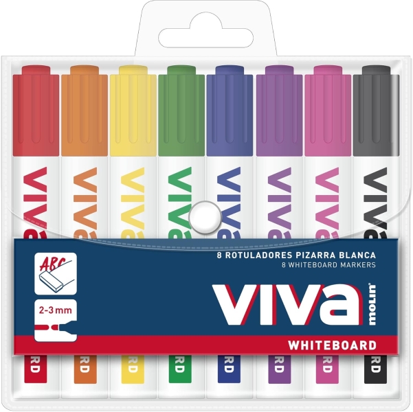 Molin Viva Pack de 8 Rotuladores para Pizarra Blanca - Punta Redonda de Fibra Sintetica - Trazo 3mm 