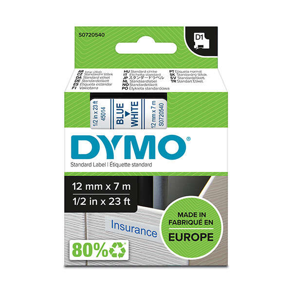 Dymo D1 Cinta de Etiquetas Original para Rotuladora - Texto Azul sobre Fondo Blanco - Ancho 12mm x 7