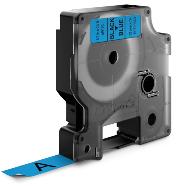 Dymo D1 45016 Cinta de Etiquetas Original para Rotuladora - Texto Negro sobre Fondo Azul - Ancho 12m