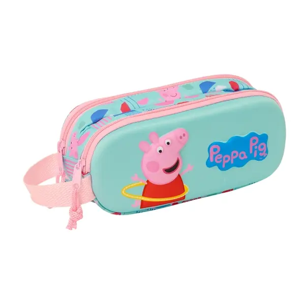 Safta Peppa Pig Estuche Portatodo 3D - 2 Compartimentos - Asa de Mano - 21x8x6cm - Color Azul Claro