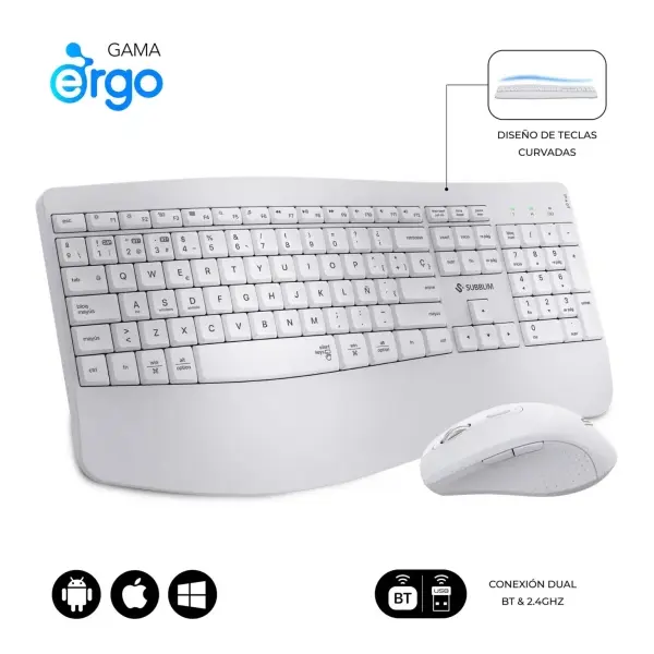 Subblim Dual Office Prowave White Pack de Teclado Ergonomico + Raton 3200dpi Inalambricos Bluetooth 