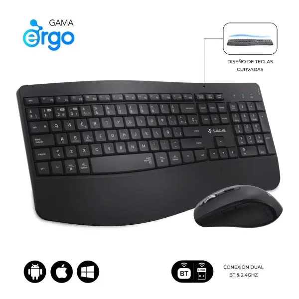 Subblim Dual Office Prowave Black Pack de Teclado Ergonomico + Raton 3200dpi Inalambricos Bluetooth 