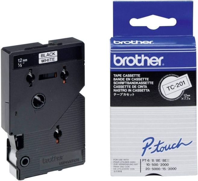 Brother TC201 Cinta Laminada Original para Rotuladora - Texto Negro sobre Fondo Blanco - Ancho 12mm 