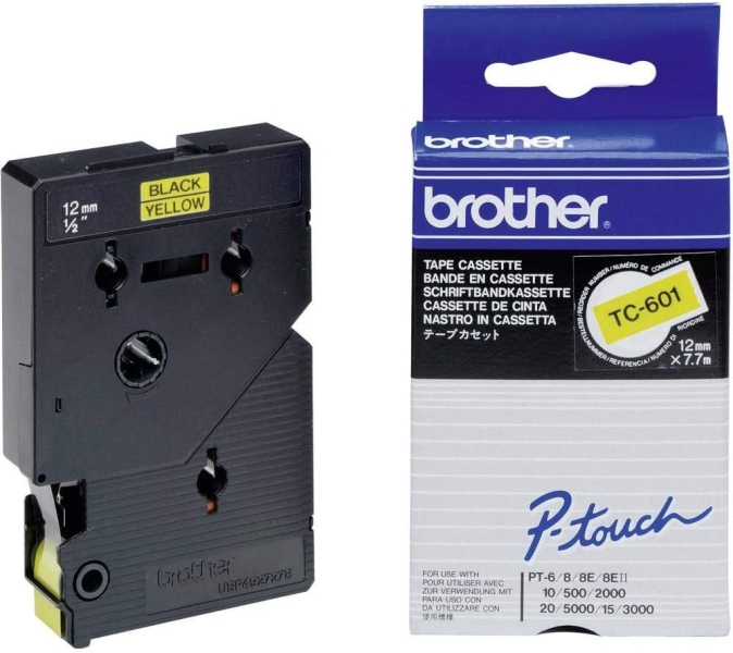 Brother TC601 Cinta Laminada Original para Rotuladora - Texto Negro sobre Fondo Amarillo - Ancho 12m