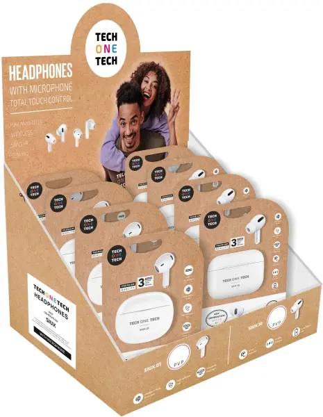 TechOneTech Expositor de 8 Auriculares Inalambricos Bluetooth TWS - Sonido HI-FI - 4 Modelos con Alm
