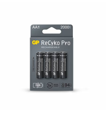 GP ReCyko Pro Pack de 4 Pilas Recargables 2100mAh AA 1.2V - Precargadas - Ciclo de Vida: Hasta 1.500