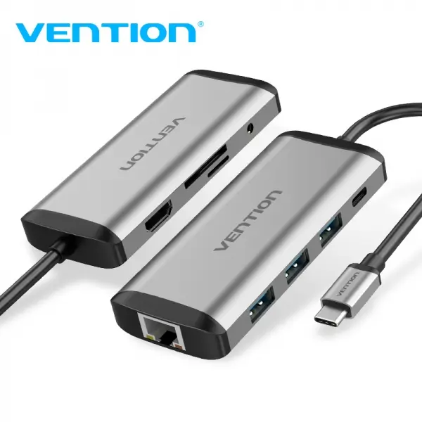 Vention Docking Station 9 en 1 USB-C a HDMI 4K/3xUSB 3.0/RJ45/Lector SD/MicroSD/Jack Audio/PD 87W - 