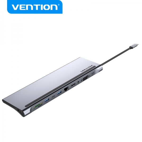 Vention Docking Station 11 en 1 USB-C a HDMI/VGA/USB-C/USB 3.0x2/USB2.0/RJ45/SD/TF/Audio Jack/PD100W