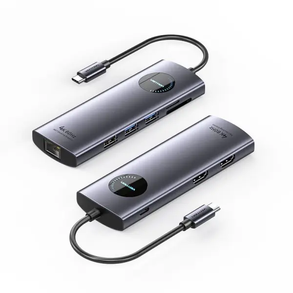 Vention Docking Station 9 en 1 USB-C a 2xHDMI/2xUSB3.0/USB 2.0/RJ45/SD/TF/PD 100W - 0.15m - Color Gr
