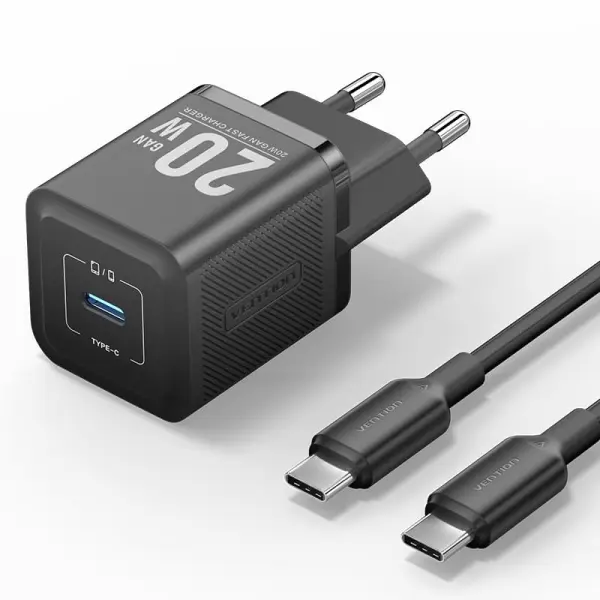 Vention Cargador de Pared GaN USB-C 20W - Cable USB-C 1m - Color Negro