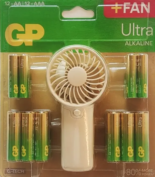 GP Ultra Alcalina Pack de 12 Pilas AAA + 12 Pilas AA + Ventilador de Mano de Regalo