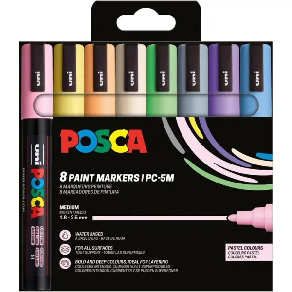 Posca PC-5M/8C Estuche de 8 Marcadores de Pintura - Punta de Bala 1.8-2.5mm - Tinta Base al Agua - R