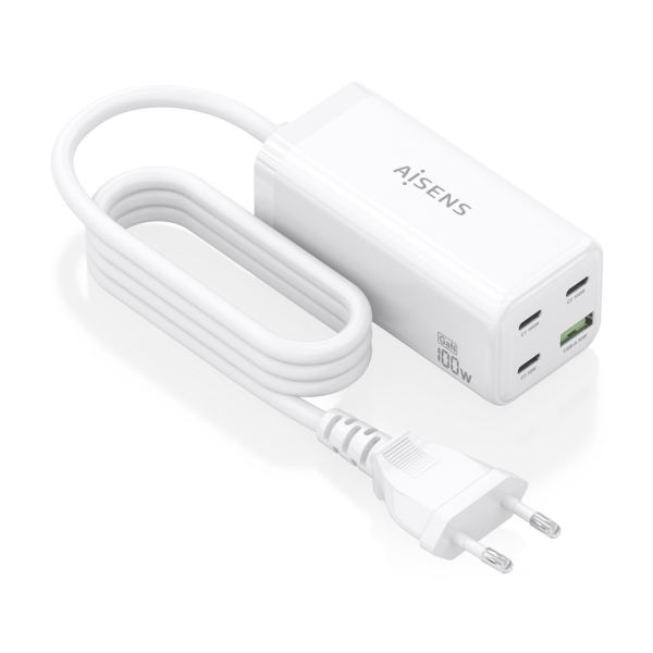 Aisens Cargador GAN 100W - 3xUSB-C PD3.0, QC4.0, QC5.0 - 1xUSB-A QC3.0 - Cable 1.4 Metros - Color Bl